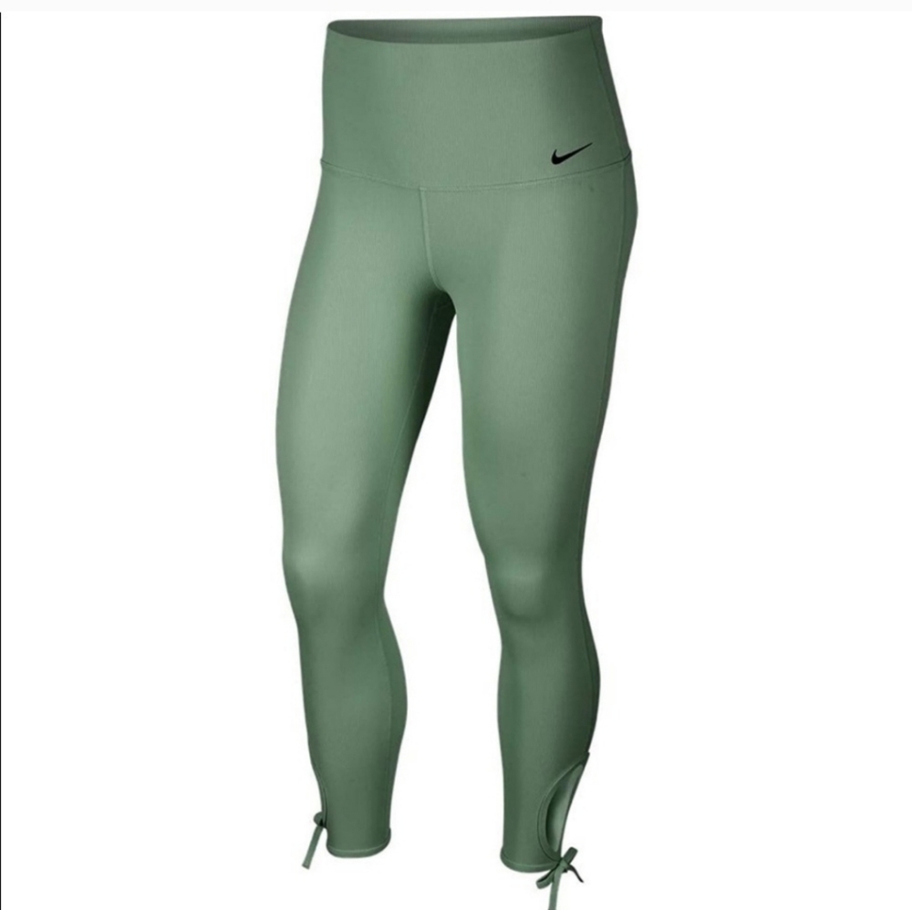 Nike Dri-Fit Women'’s Yoga Pants Green Ribbed Tie Ankle High Rise Active Medium